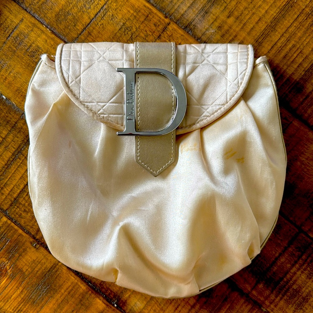 Christian Dior Parfums satin purse. Pale gold color.